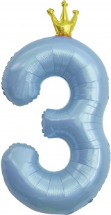 Фольгированная цифра 3, Голубая с короной (102 см)