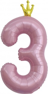 Фольгированная цифра 3, Розовая с короной (102 см)