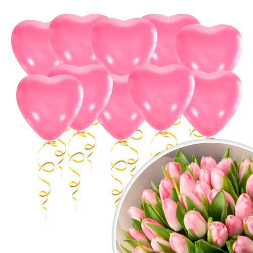 15 сердец  и букет 25 тюльпанов, розовый