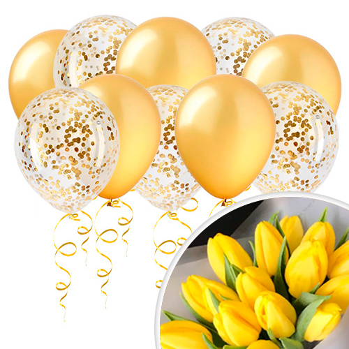 15 шаров и букет 25 тюльпанов, желтый и золотой