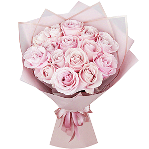 Букет розовых роз 50 см, 15 шт., упаковка, лента