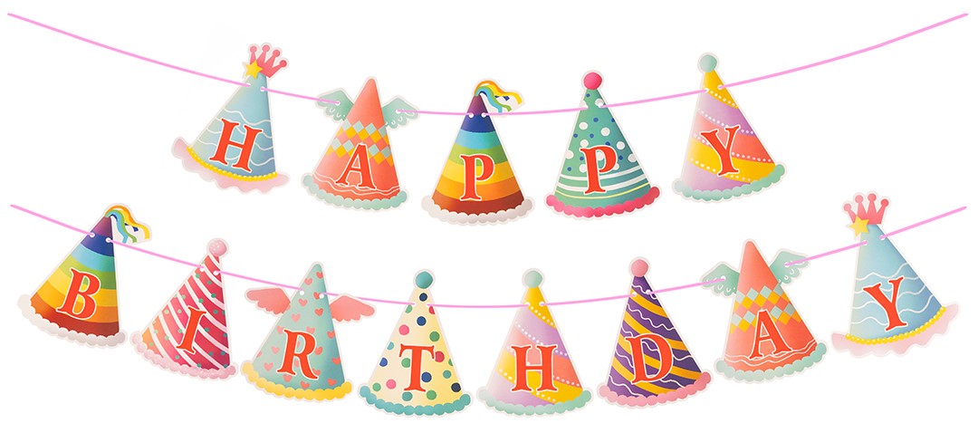 Гирлянда Флажки, Happy Birthday, Праздничные колпачки, 200 см, 1 шт.