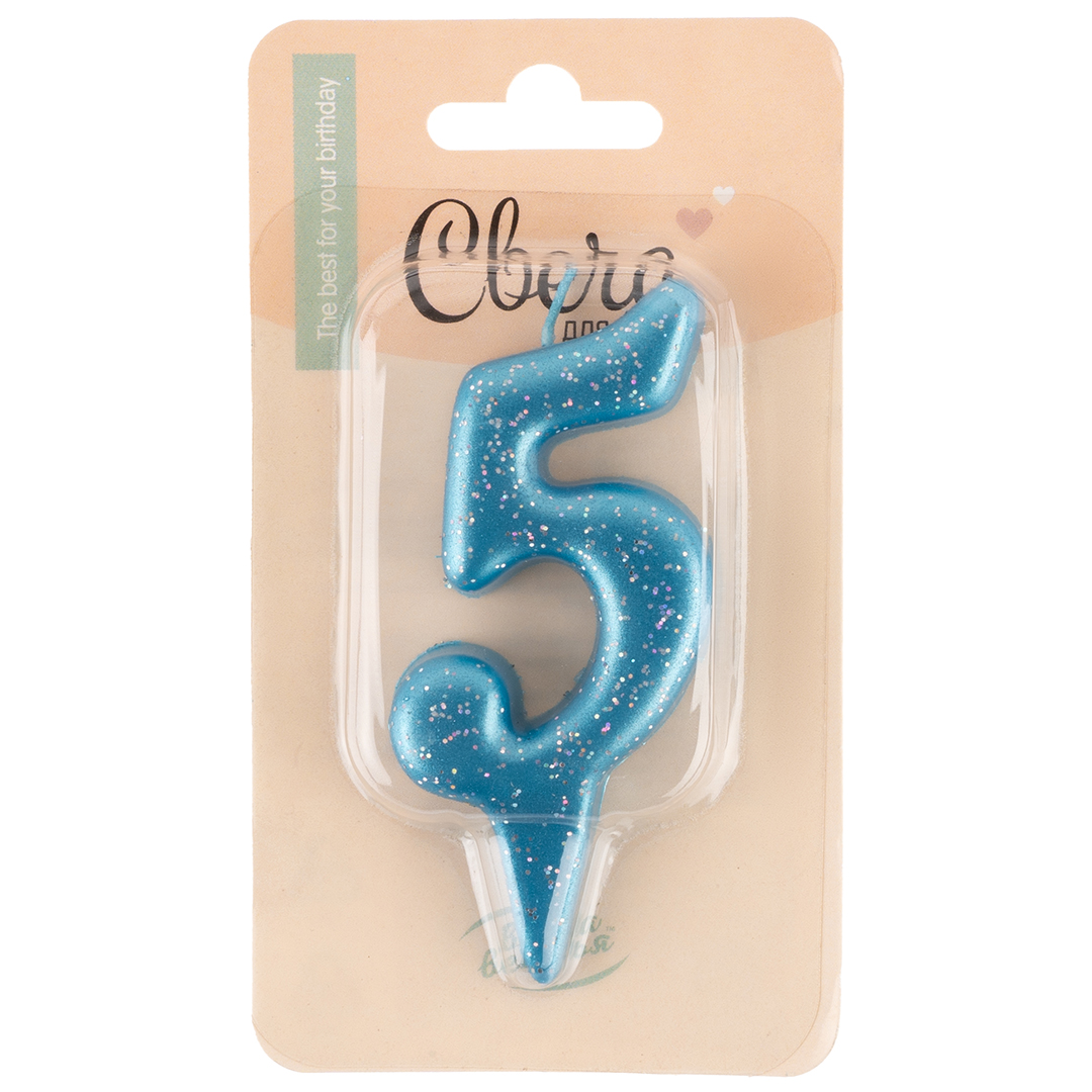 Свеча Цифра, 5 Овал, Синий, с блестками, 4*8 см, 1 шт.
