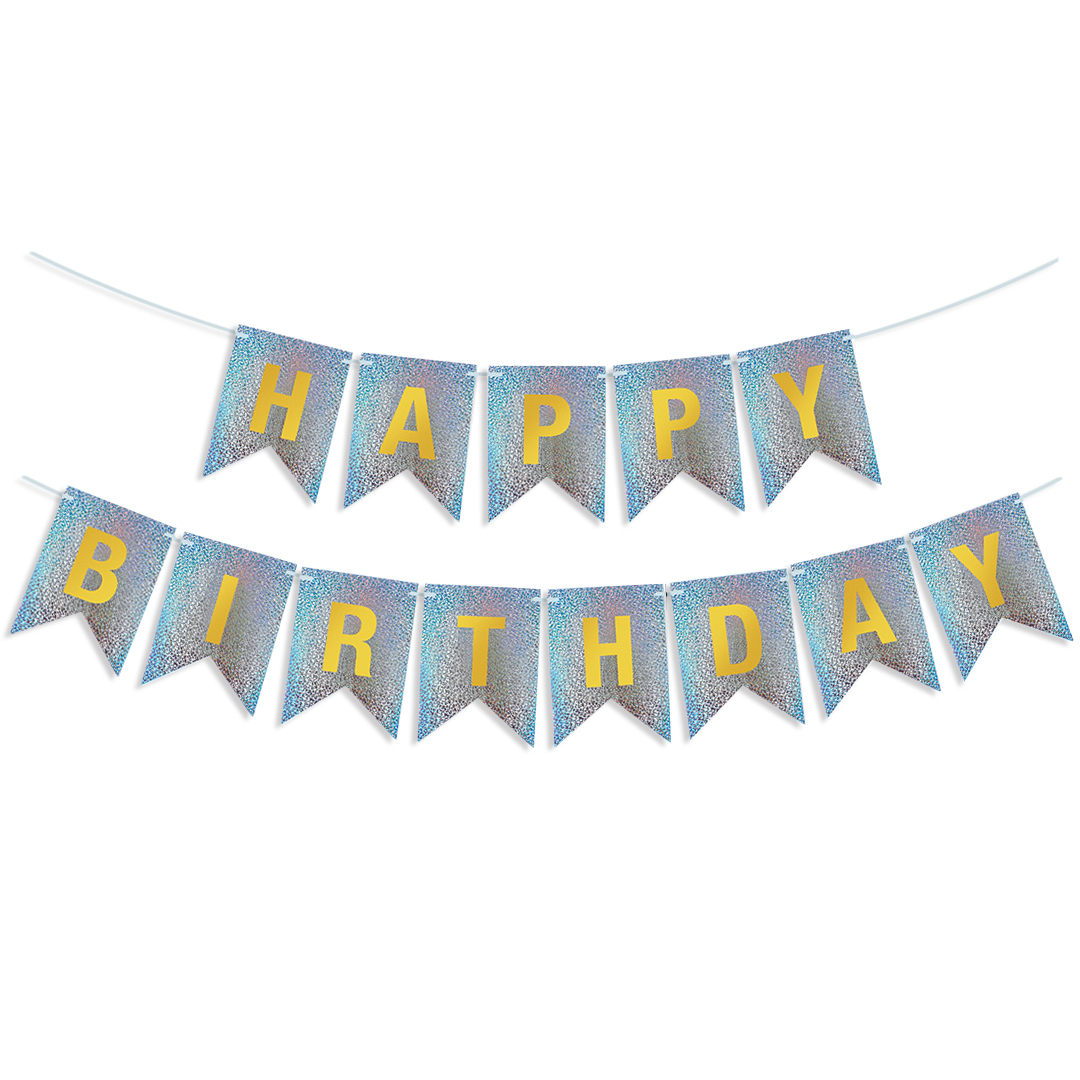 Гирлянда Флажки, Happy Birthday, Серебро, Голография, 350 см, 17*12 см, 1 упак.
