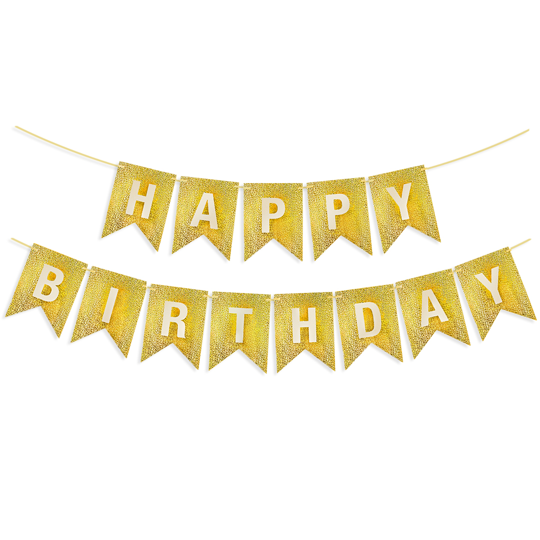 Гирлянда Флажки, Happy Birthday, Золото, Голография, 350 см, 17*12 см, 1 упак.