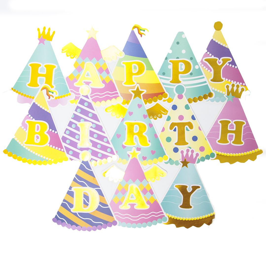 Гирлянда Флажки, Happy Birthday (яркие колпаки и короны), Ассорти, Металлик, 210 см, 1 упак.