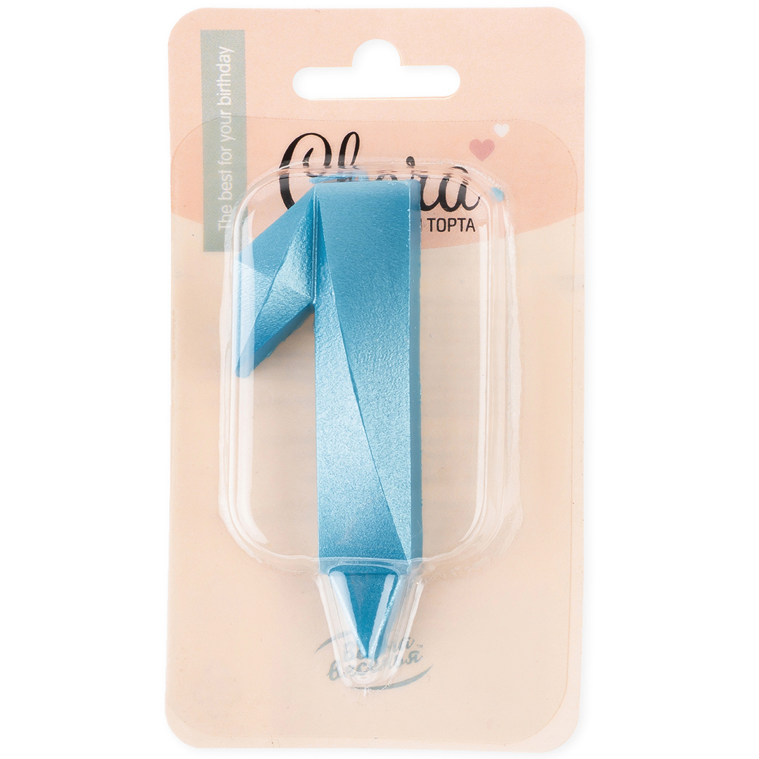 Свеча Цифра, 1 Грани, Синяя бирюза, 7 см, 1 шт.
