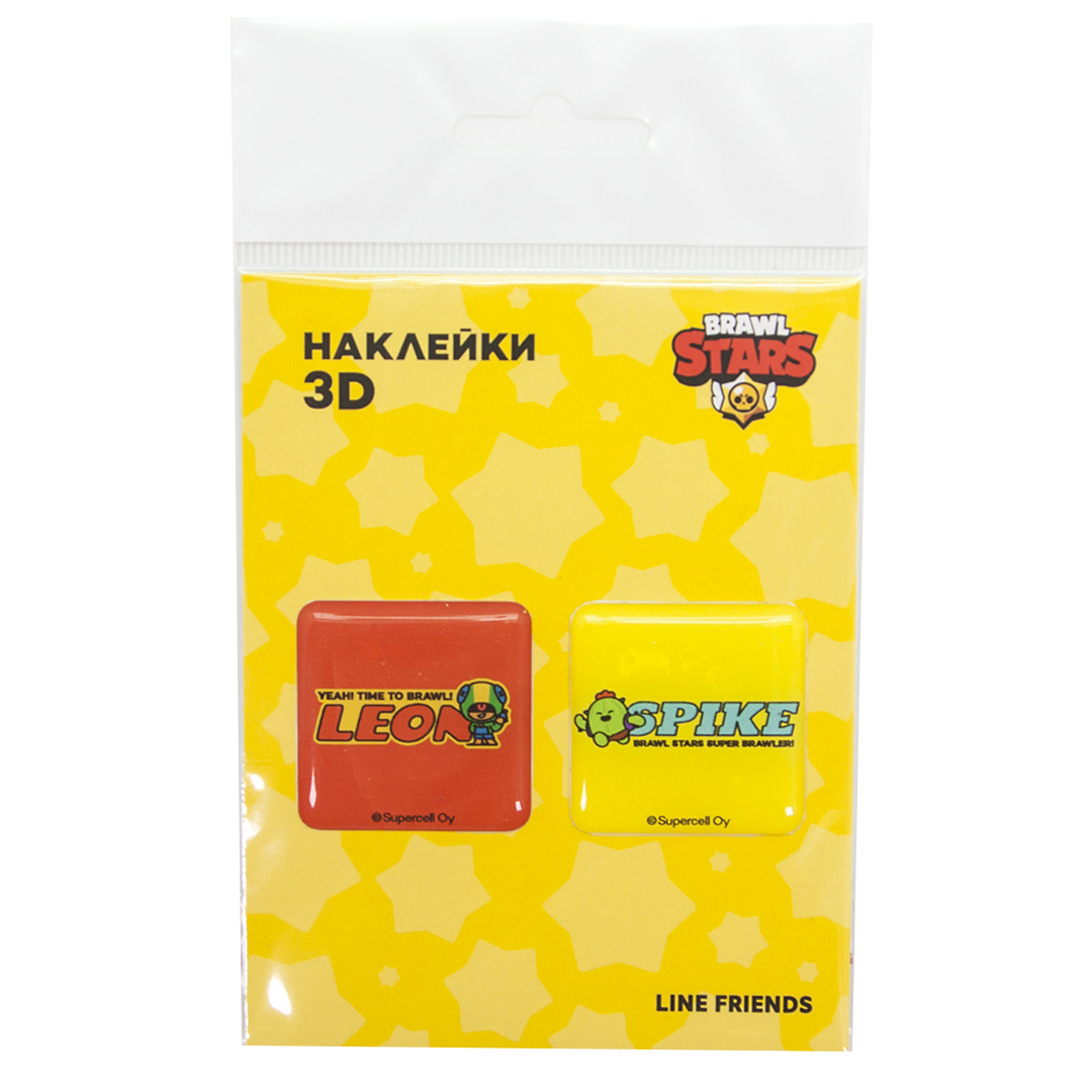 Наклейки 3D (2 шт на листе) Бравл Старс, Леон и Спайк, дизайн №5, 3*3 см, Красный/Желтый, 1 шт.