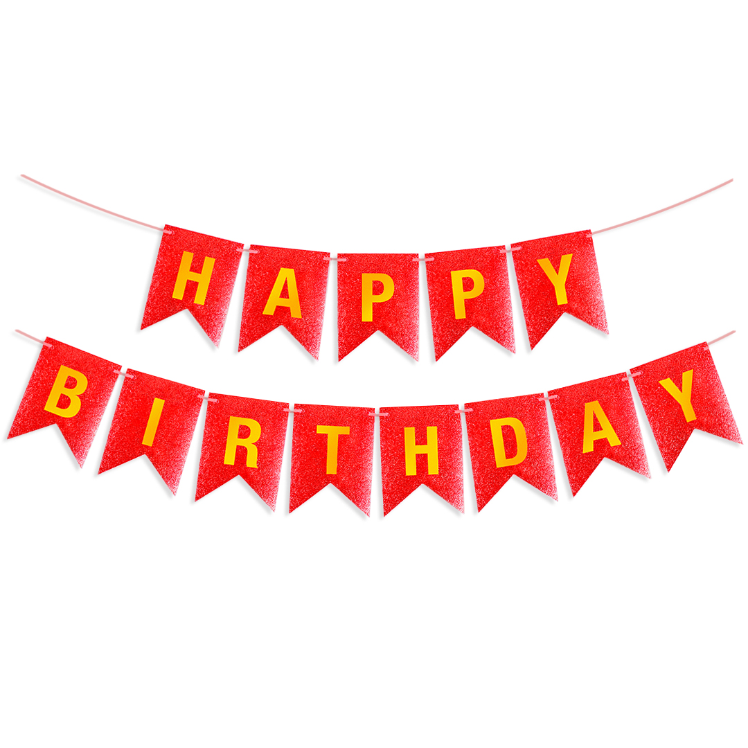 Гирлянда Флажки, Happy Birthday, Красный/Золото, Металлик, с блестками, 350 см, 17*12 см, 1 упак.