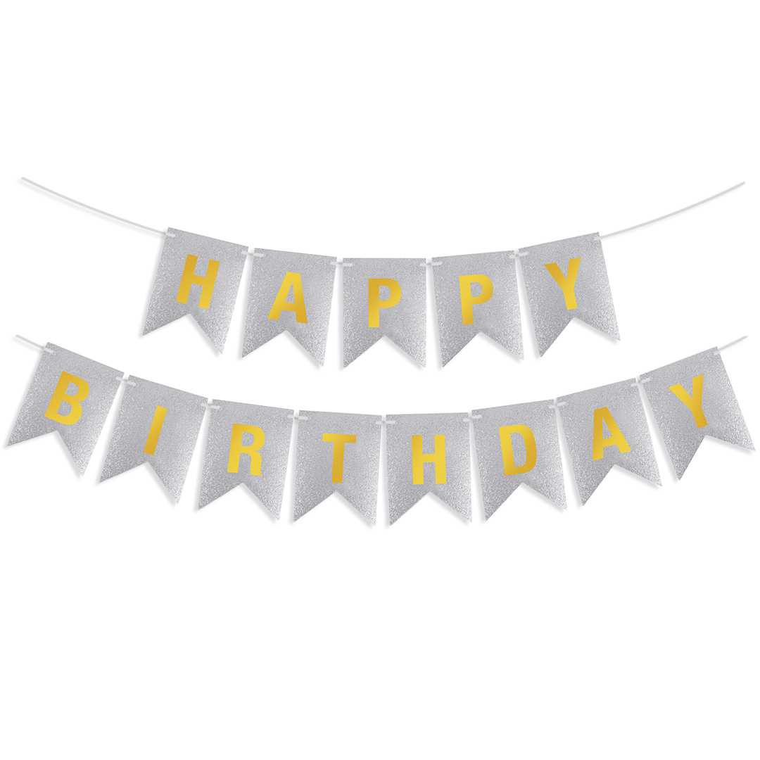 Гирлянда Флажки, Happy Birthday, Серебро/Золото, Металлик, с блестками, 350 см, 17*12 см, 1 упак.