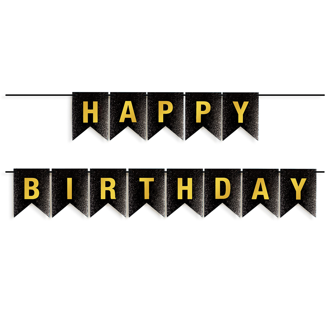 Гирлянда Флажки, Happy Birthday, Черный/Золото, Металлик, с блестками, 350 см, 17*12 см, 1 упак.