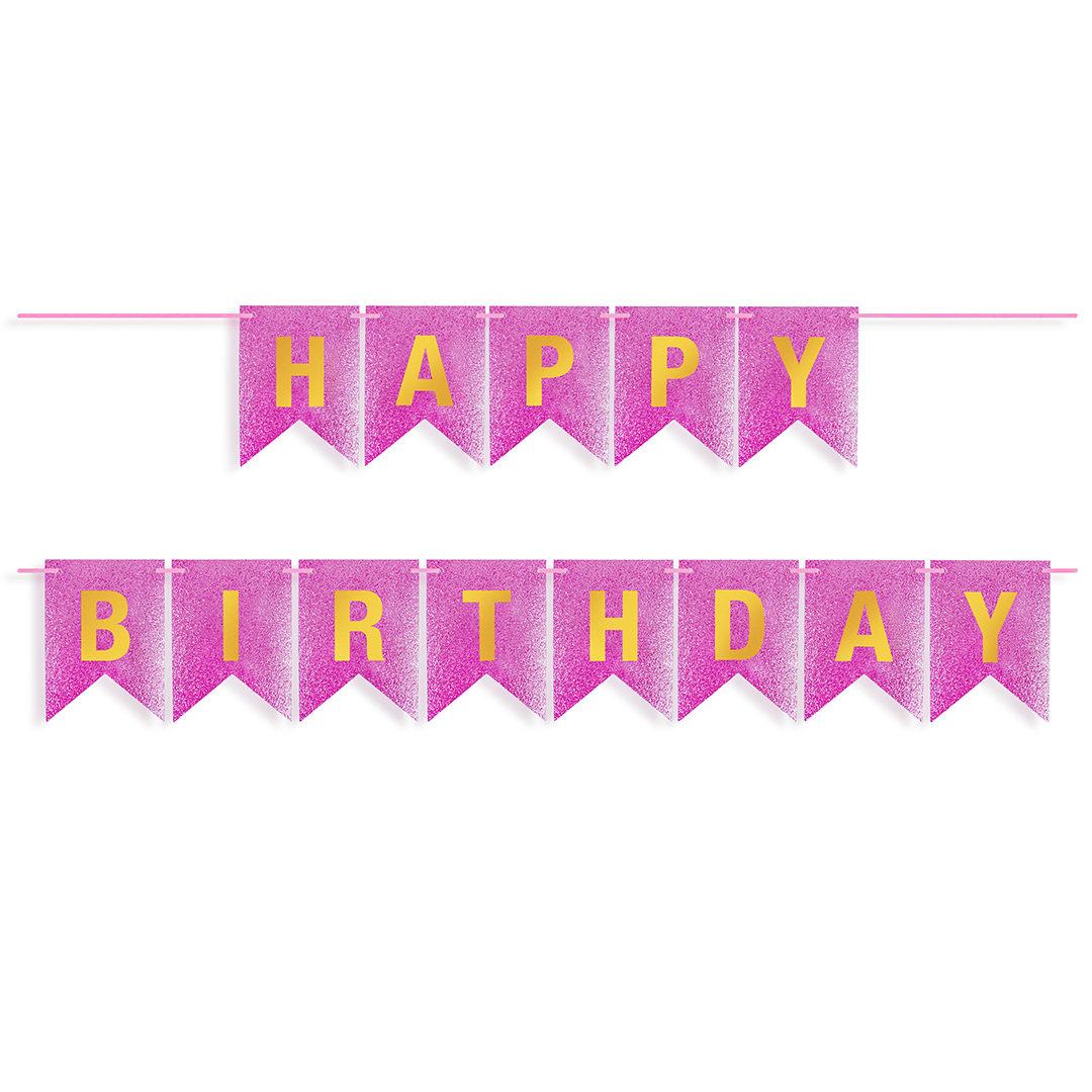 Гирлянда Флажки, Happy Birthday, Розовый/Золото, Металлик, с блестками, 350 см, 17*12 см, 1 упак.