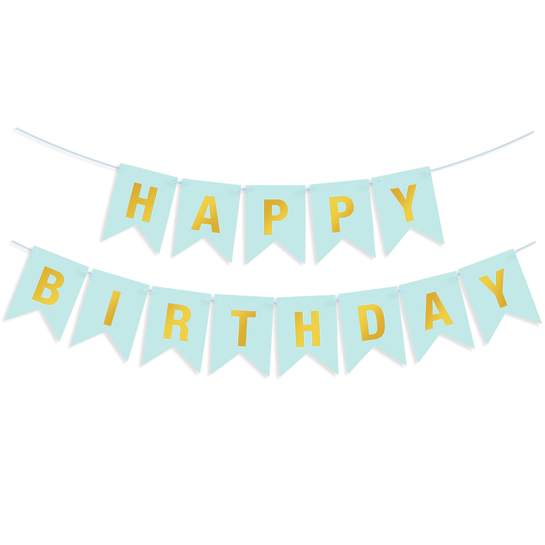 Гирлянда Флажки, Happy Birthday, Голубой/Золото, Металлик, 500 см, 16*12 см, 1 упак.