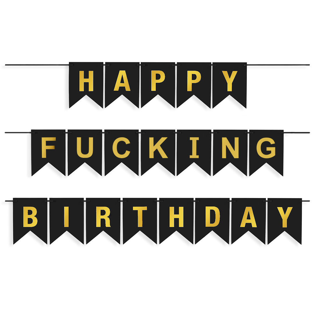 Гирлянда Флажки, Happy Birthday для взрослых, Черный/Золото, Металлик, 500 см, 16*12 см, 1 упак.