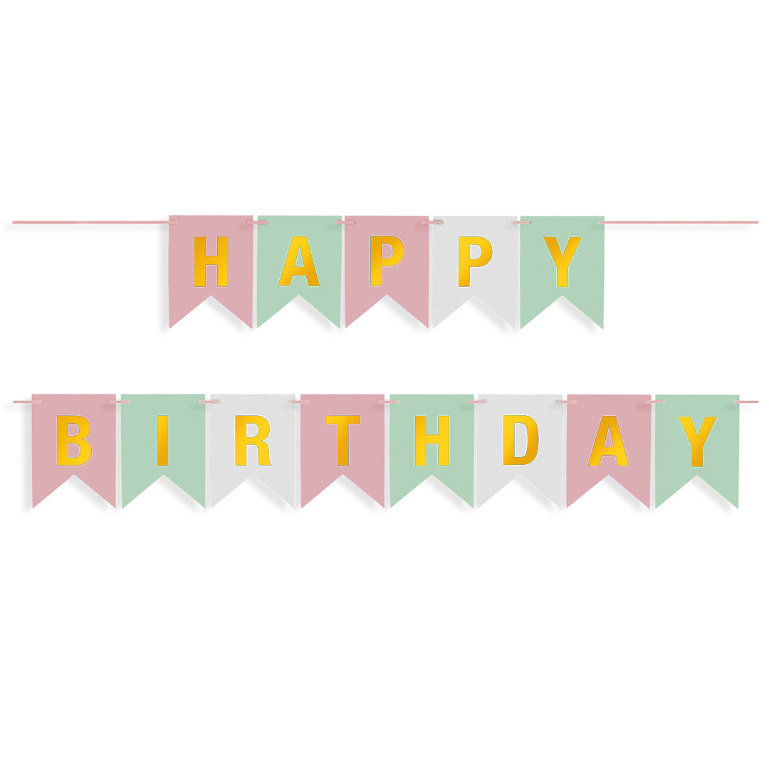 Гирлянда Флажки, Happy Birthday, Пастельный микс/Золото, Металлик, 500 см, 16*12 см, 1 упак.