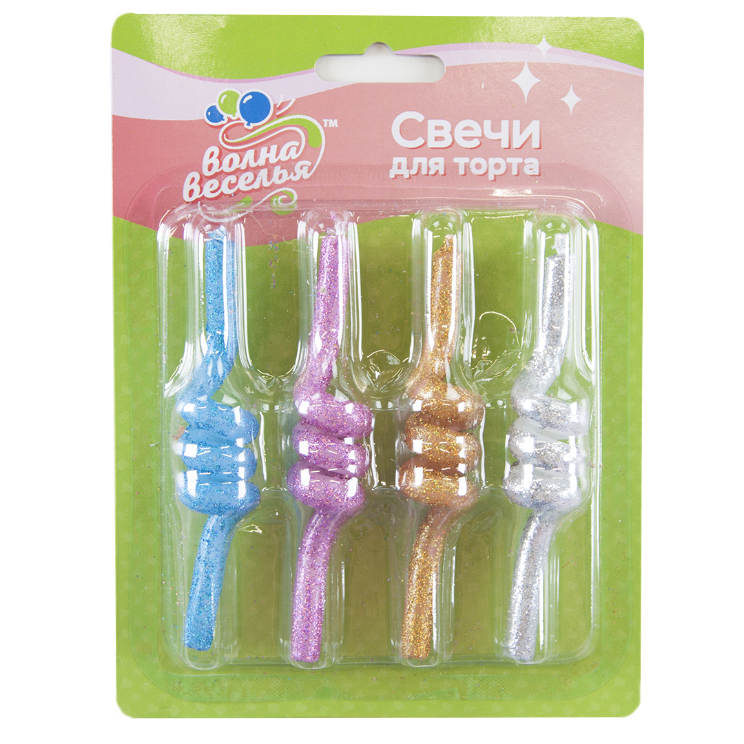 Набор свечей Фигура, Спираль, Ассорти, с блестками, 8 см, 4 шт.