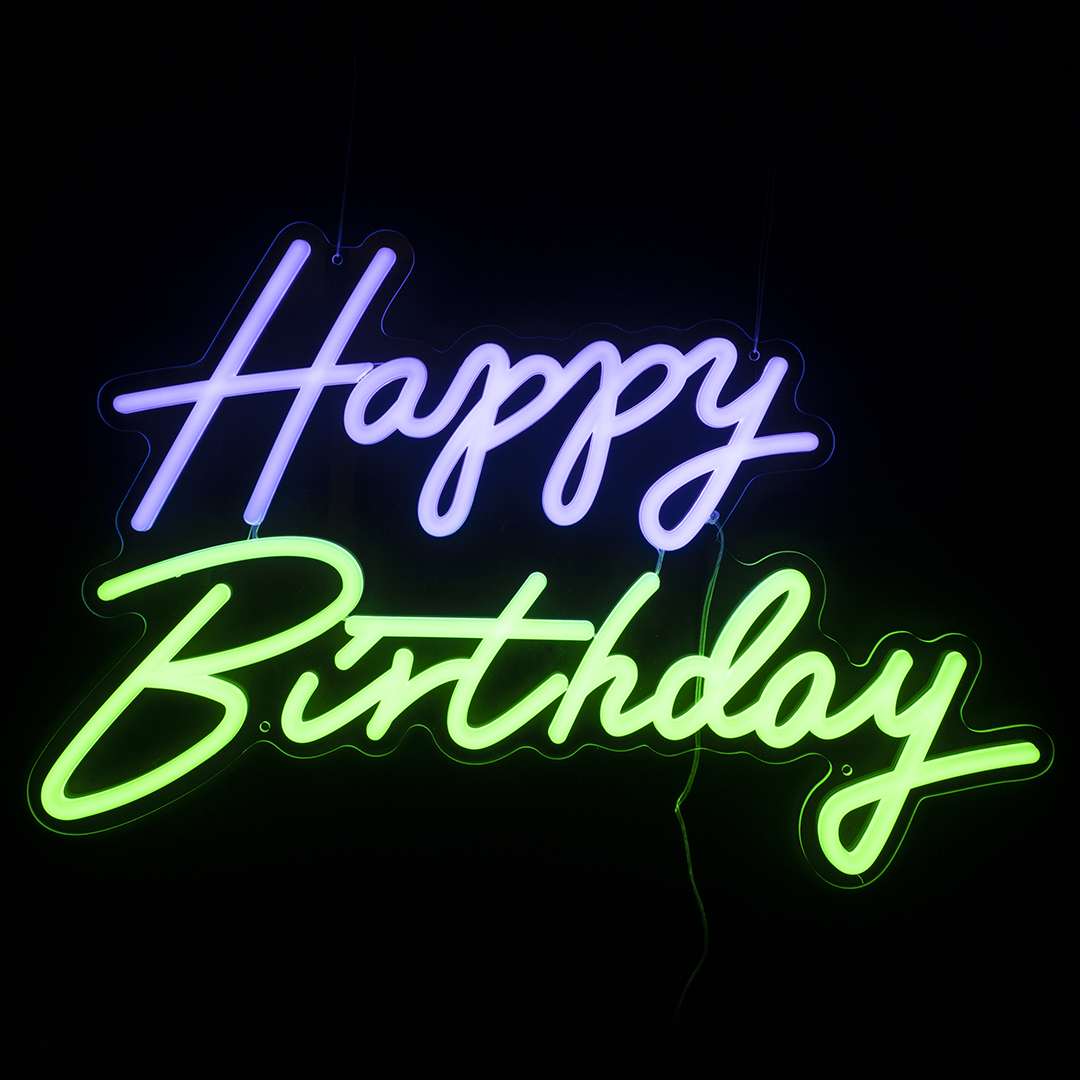 Световая надпись на подложке Happy Birthday, двухцветная, 35*57 см. Фиолетовый/Зеленый, 1 шт.