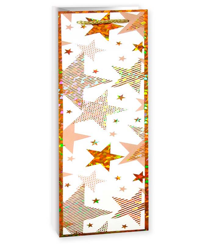 Пакет подарочный для вина, Золотые звезды, Металлик, 38*11*11 см, 1 шт.