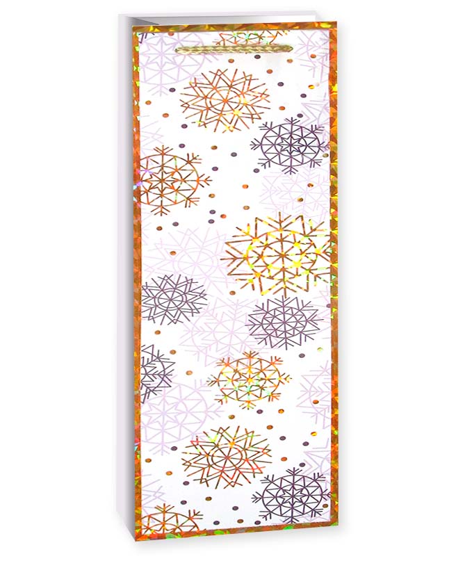 Пакет подарочный для вина, Новогодний узор (снежинки), Металлик, 38*11*11 см, 1 шт.