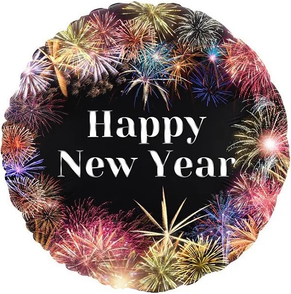 Шар (18''/46 см) Круг, Happy New Year (фейерверк), Черный, 1 шт.