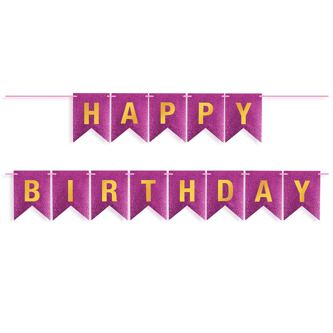 Гирлянда Флажки, Happy Birthday, Фуксия/Золото, Металлик, с блестками, 350 см, 17*12 см, 1 упак.