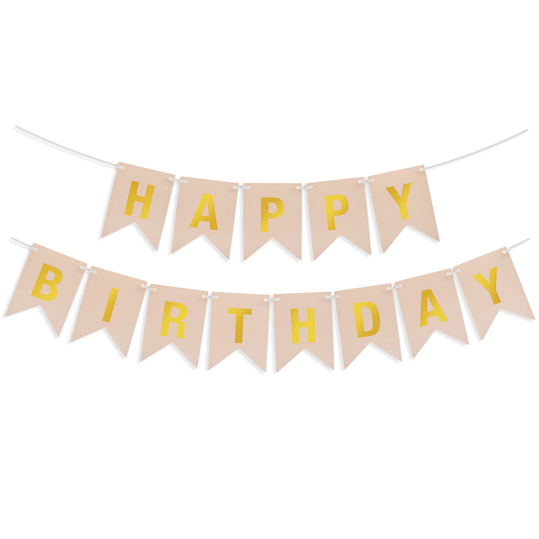 Гирлянда Флажки, Happy Birthday, Бежевый/Золото, Металлик, 500 см, 16*12 см, 1 упак.