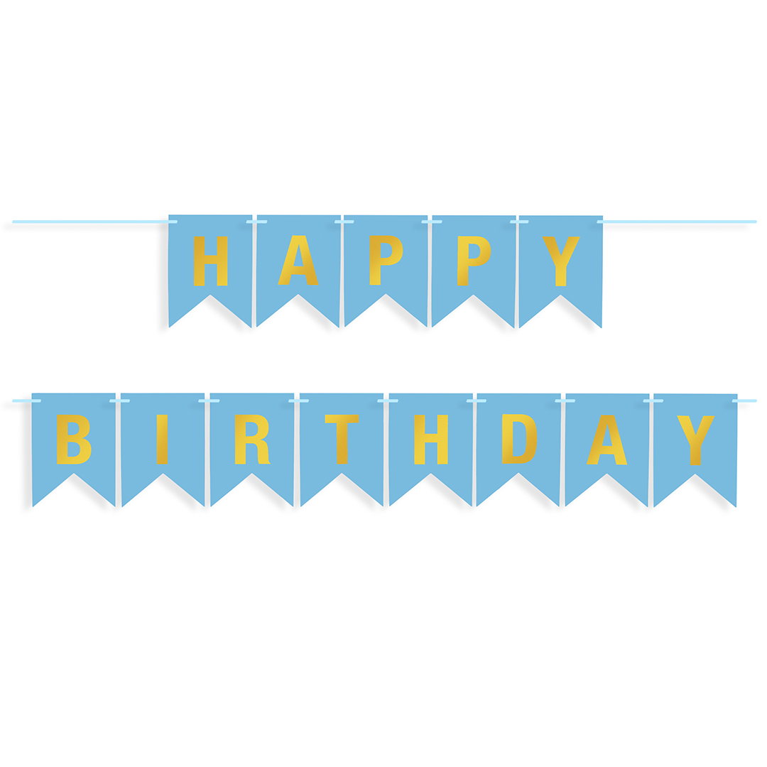 Гирлянда Флажки, Happy Birthday, Ярко-голубой/Золото, Металлик, 500 см, 16*12 см, 1 упак.