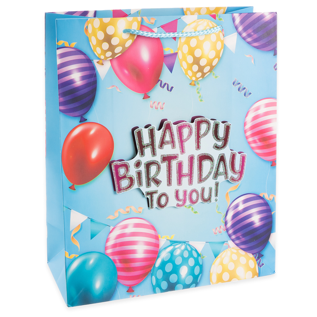 Пакет подарочный 3D, Happy Birthday To You, Дизайн №2, Голубой, с блестками, 32*26*12 см, 1 шт.