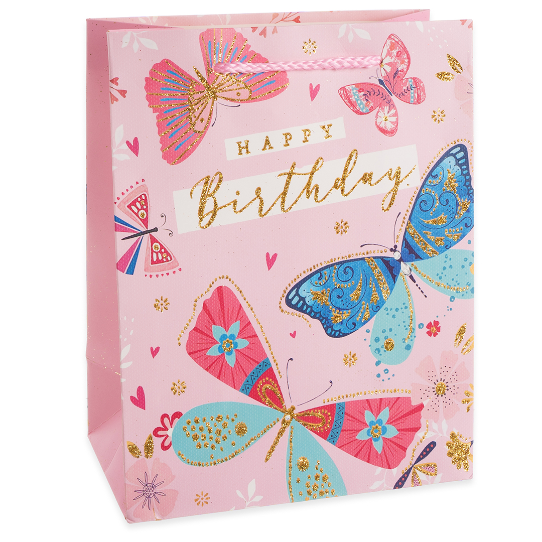 Пакет подарочный, Happy Birthday, Лето, Дизайн №2, Розовый, с блестками, 41*31*12 см, 1 шт.