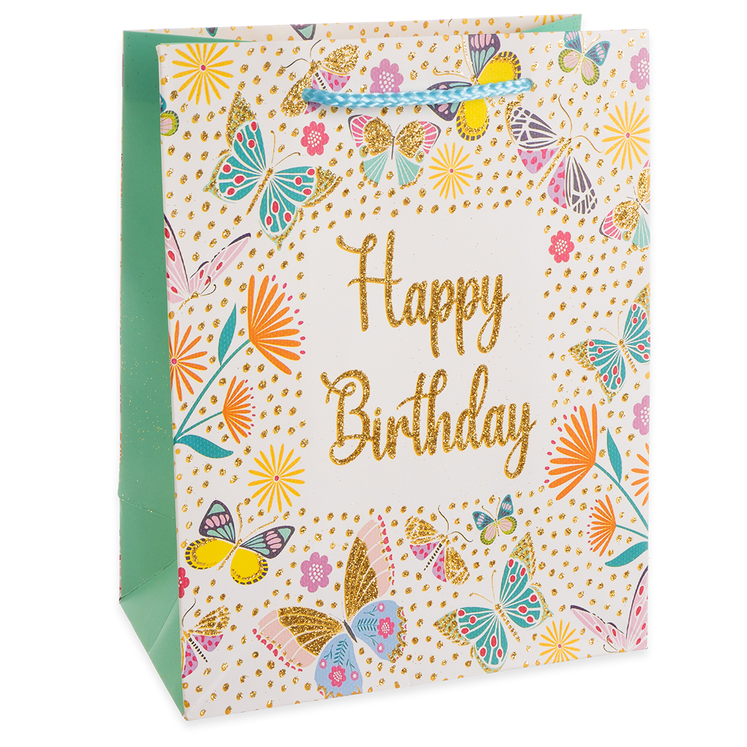 Пакет подарочный, Happy Birthday, Лето, Дизайн №1, с блестками, 32*26*12 см, 1 шт.
