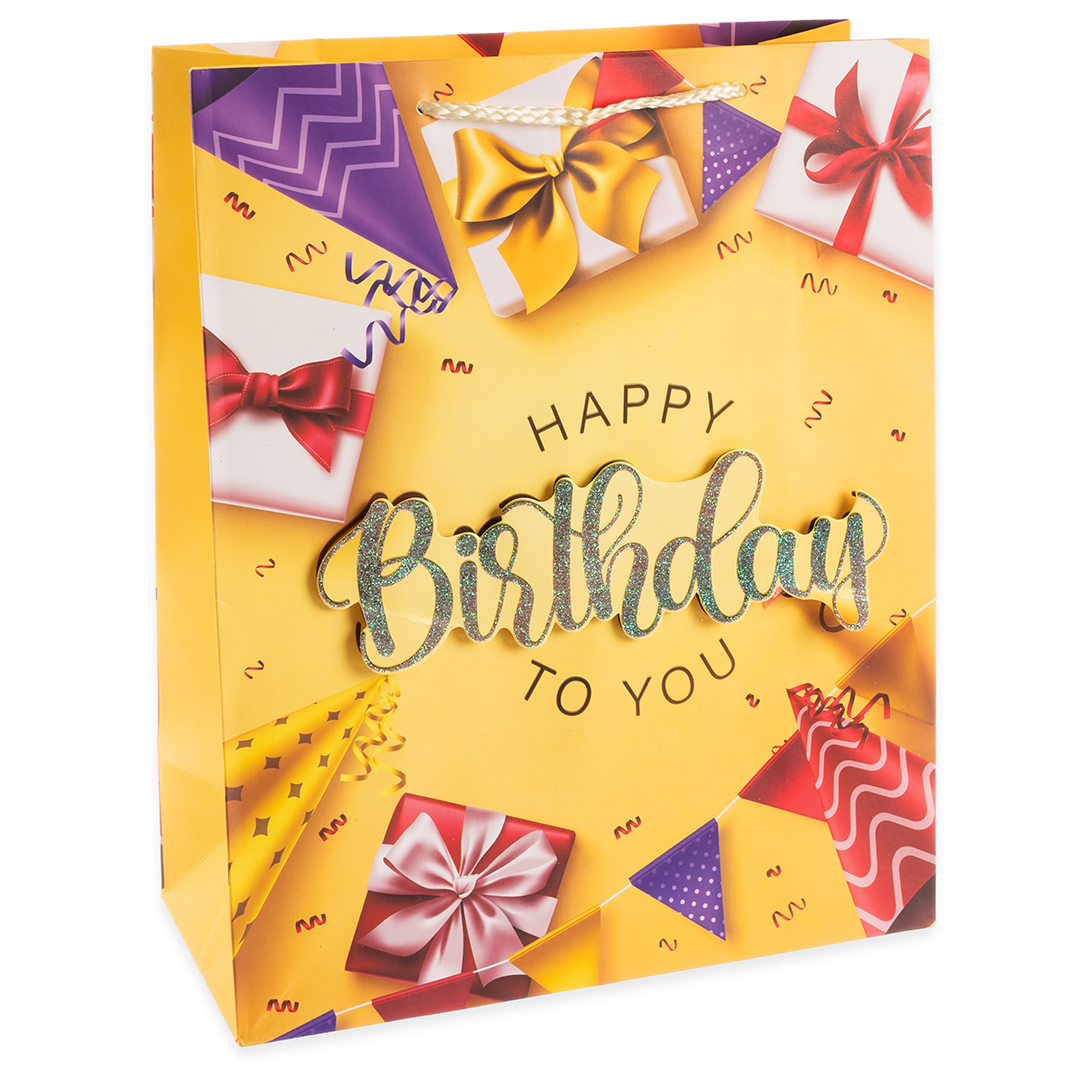 Пакет подарочный 3D, Happy Birthday To You, Дизайн №3, Золото, с блестками, 32*26*12 см, 1 шт.