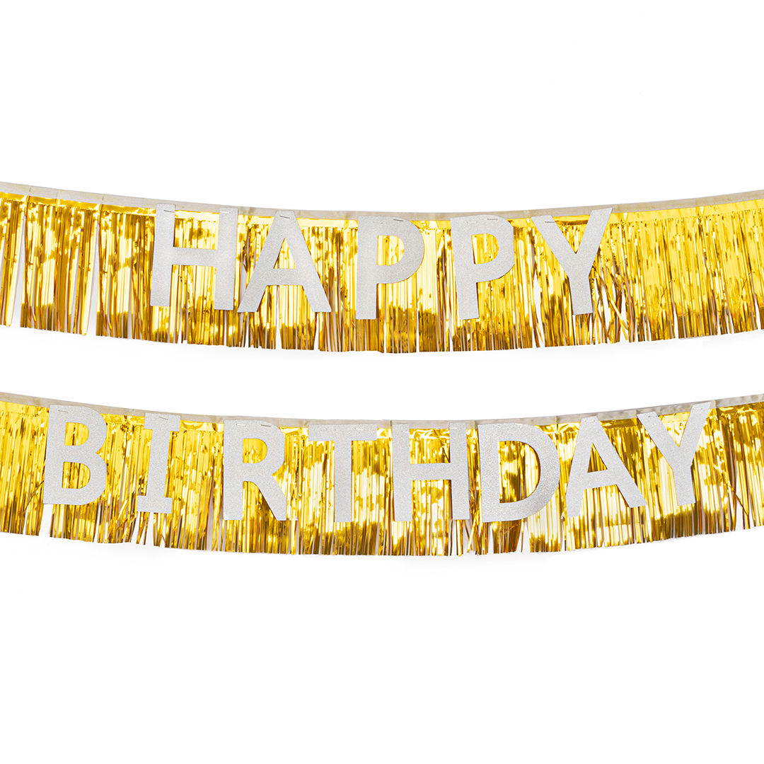 Гирлянда с мишурой Happy Birthday, Белый/Золото, с блестками, 300 см, 18 см, 1 упак.