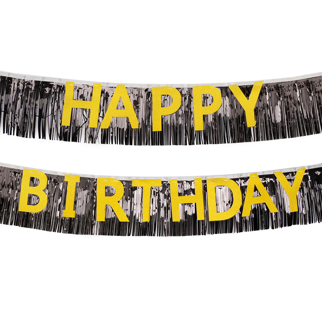 Гирлянда с мишурой Happy Birthday, Черный/Золото, с блестками, 300 см, 18 см, 1 упак.