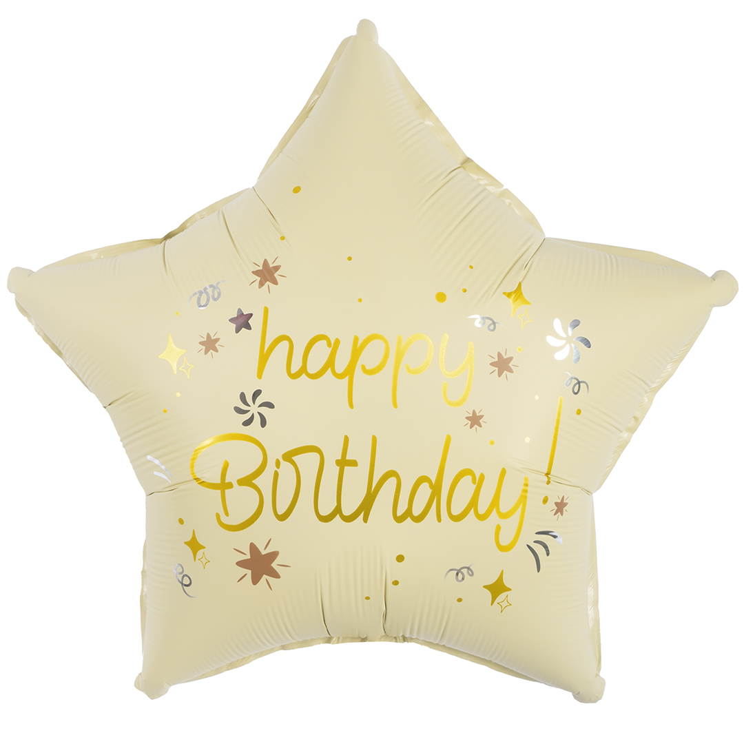 Шар (18''/46 см) Звезда, Happy Birthday (праздничные искры), Кремовый, Сатин, 1 шт.