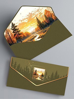 Конверты для денег, Пейзаж (река в лесу), Металлик, 10 шт.
