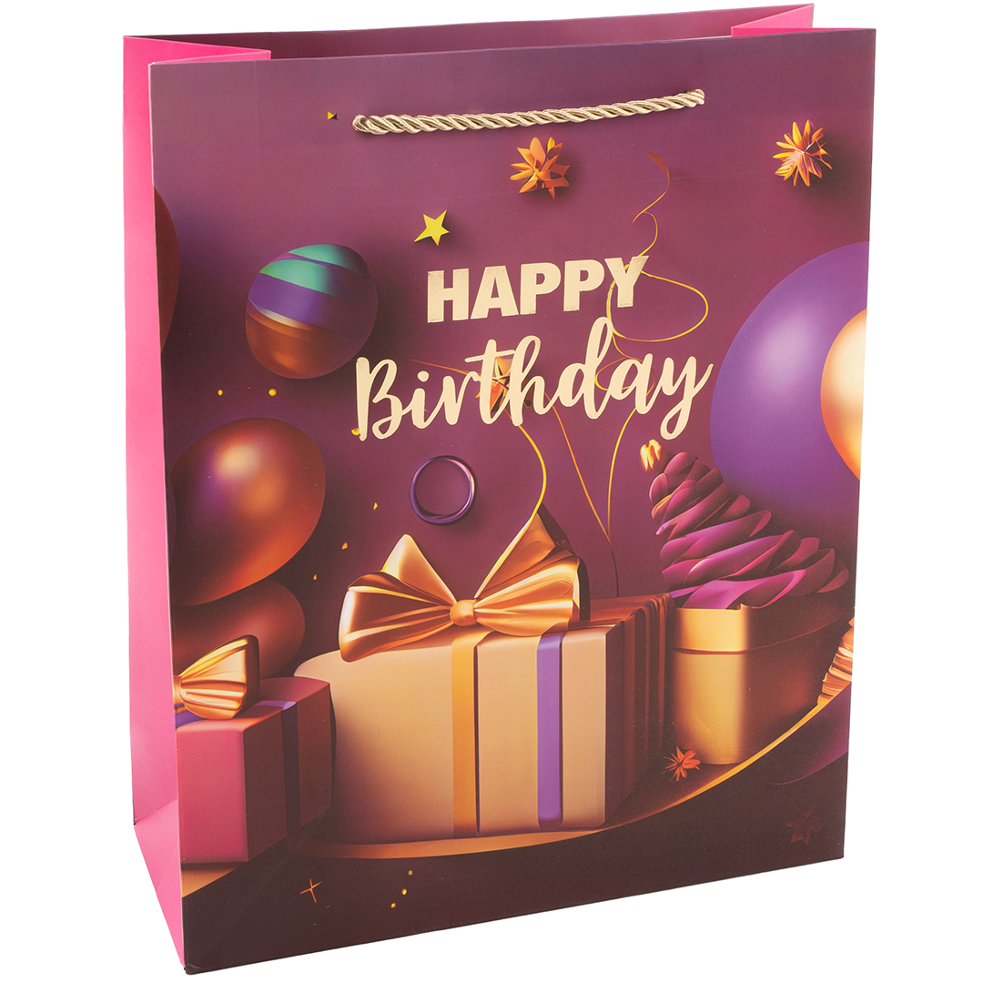 Пакет подарочный, Happy Birthday, Праздничный микс, Дизайн №3, Металлик, 41,5*30*12 см, 1 шт.
