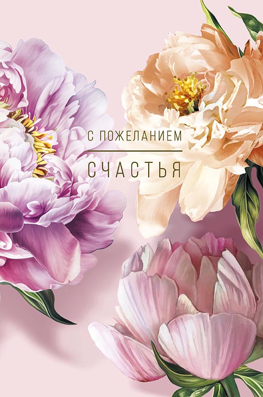 Открытка, С Пожеланием Счастья (пионы), 12,1*18,3 см, 5 шт.