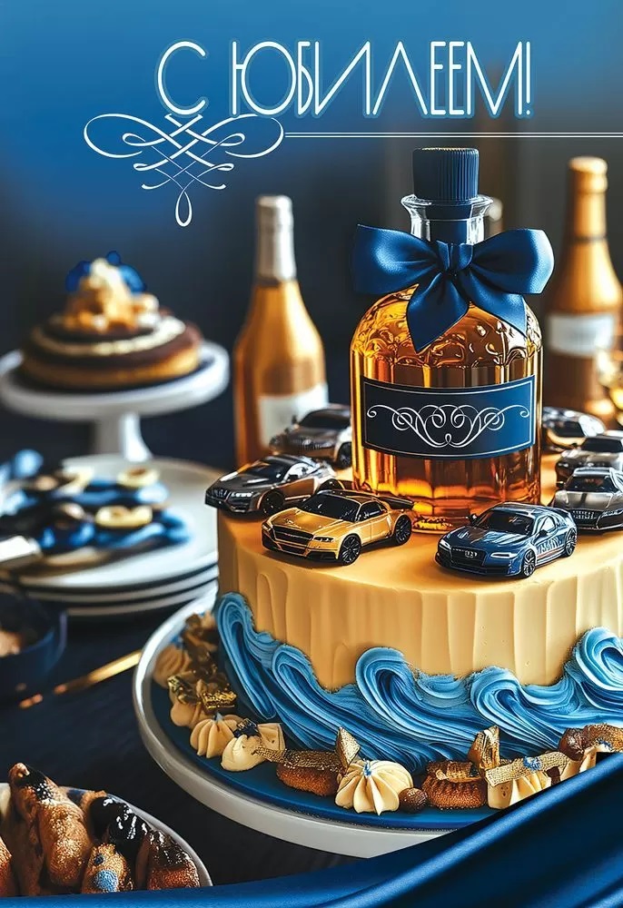 Открытка, С Юбилеем! (торт с автомобилями), 12,2*18,2 см, 10 шт.