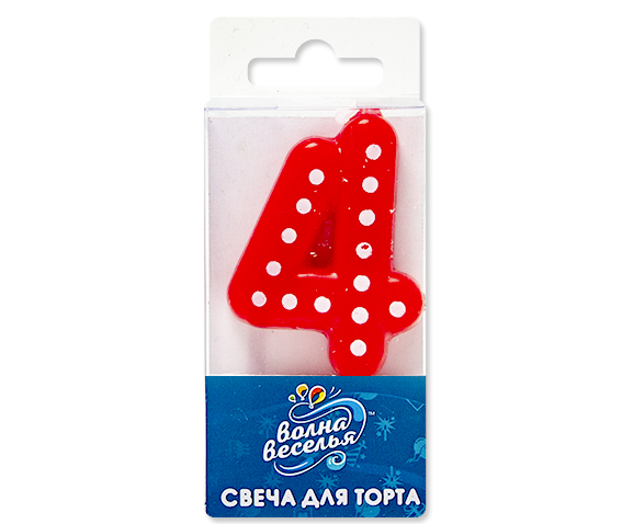 Свеча Цифра, 4 Белые точки, Красный, 3*4,5 + 1,5 см, 1 шт. с держат.