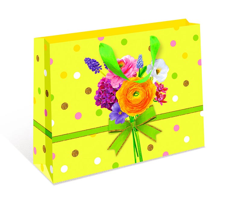 Пакет подарочный, Цветочный букет и яркие точки, Желтый, 40*50*15 см, 1 шт.