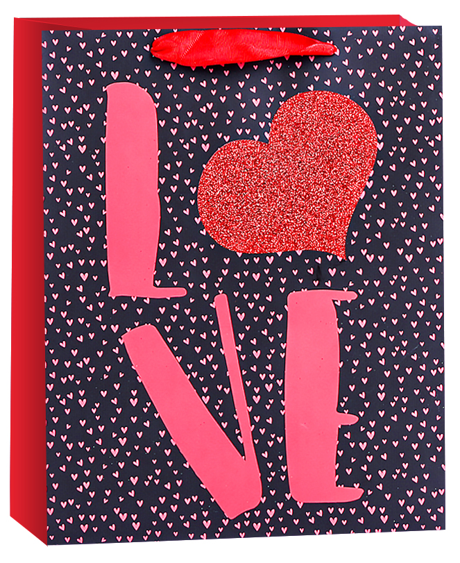 Пакет подарочный, Любовь (конфетти сердец), Черный/Красный, с блестками, 42*32*12 см, 1 шт.