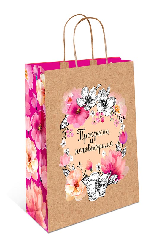 Пакет подарочный, Прекрасна и неповторима (цветочный ореол), Крафт, 32*26*12 см, 1 шт.