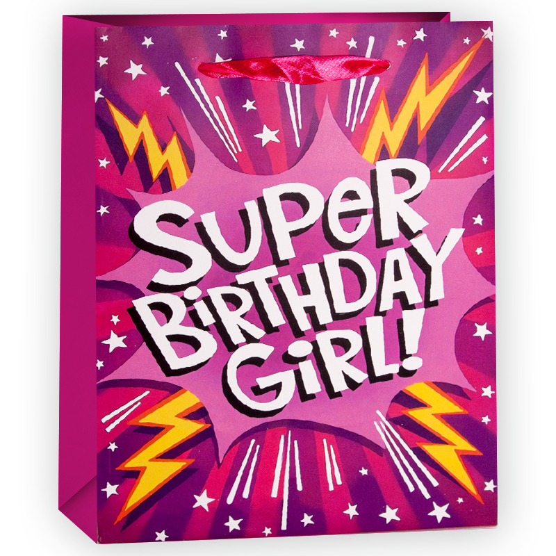 Пакет подарочный, Супер День Рождения (для девочки), Розовый, с блестками, 23*18*10 см, 1 шт.