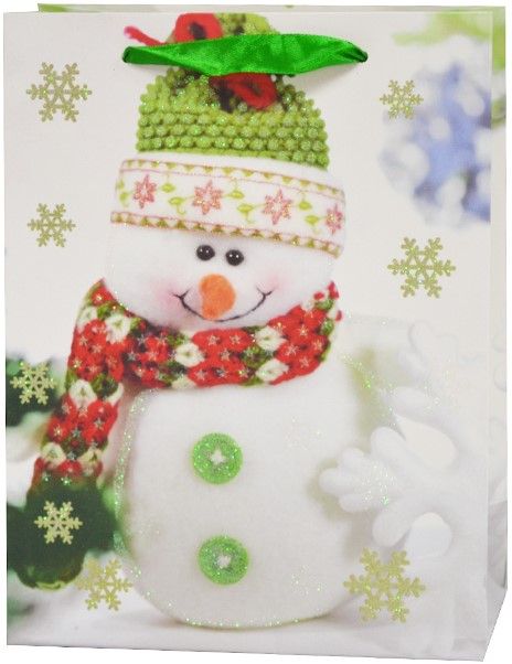 Пакет подарочный, Снеговичок в зеленой шапочке, с блестками, 32*26*10 см, 1 шт.