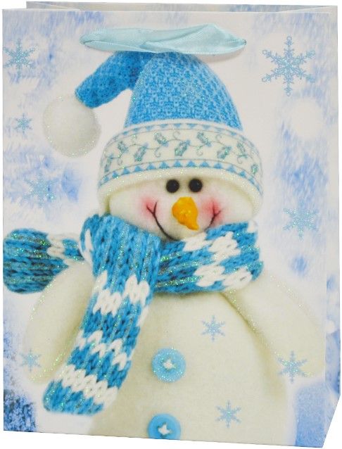Пакет подарочный, Снеговичок в колпачке, Голубой, с блестками, 43*30*12 см, 1 шт.