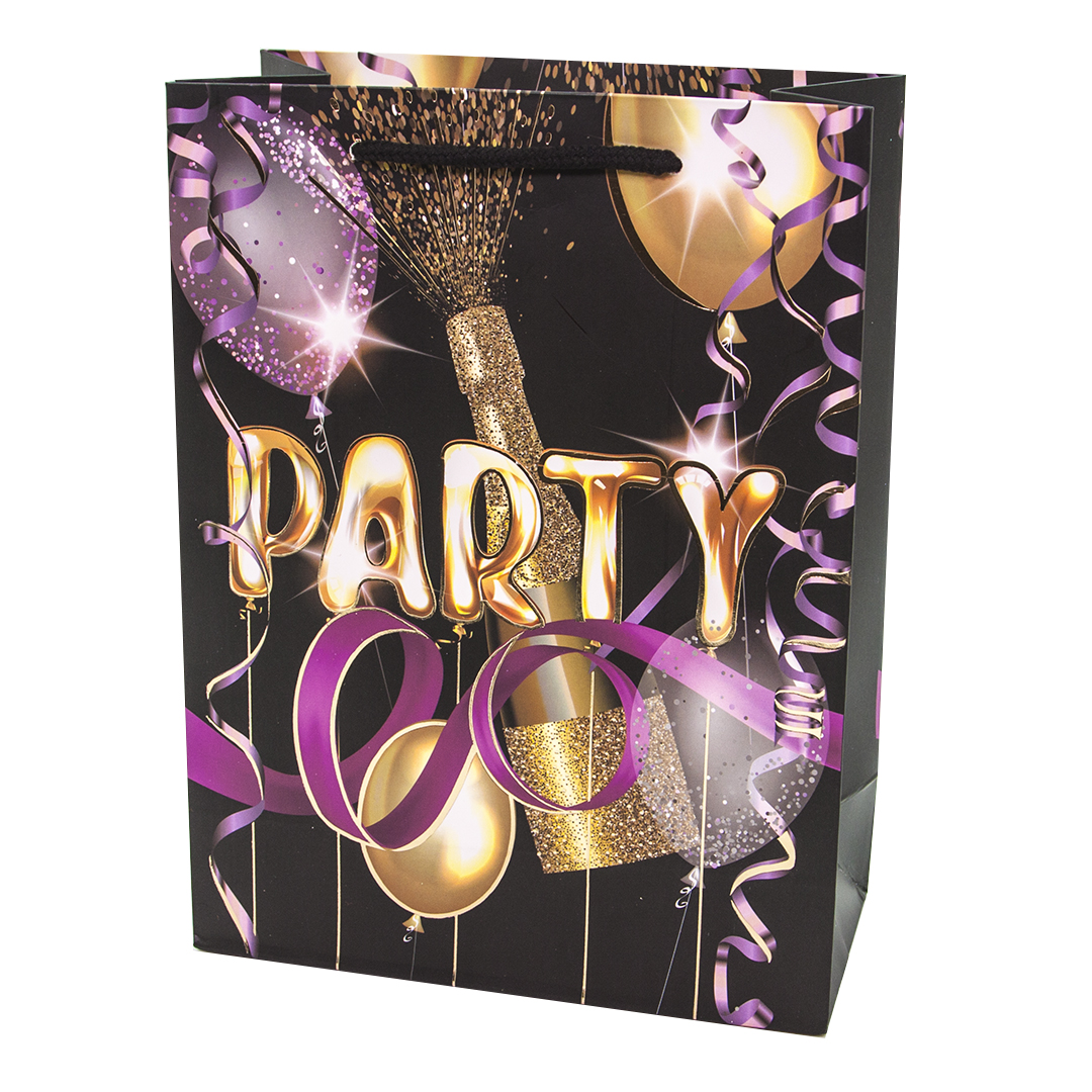 Пакет подарочный, Вечеринка (шампанское и серпантин), Черный, Металлик, 40*31*12 см, 1 шт.