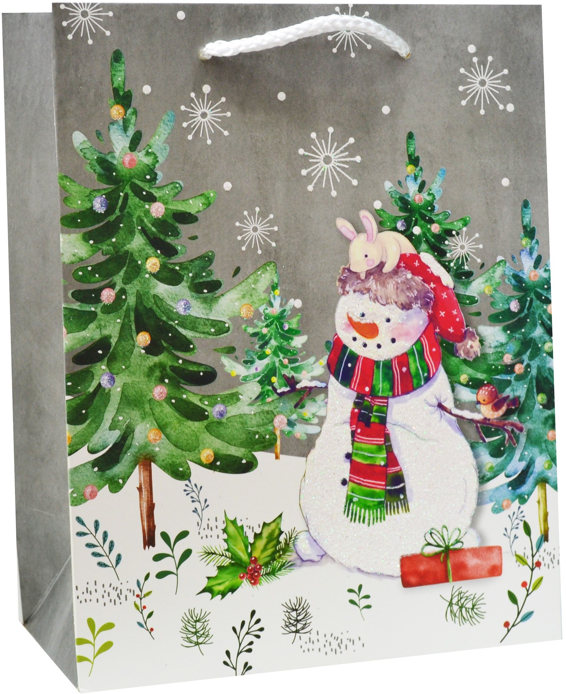 Пакет подарочный, Снеговичок в новогоднем лесу, с блестками, 32*26*12 см, 1 шт.