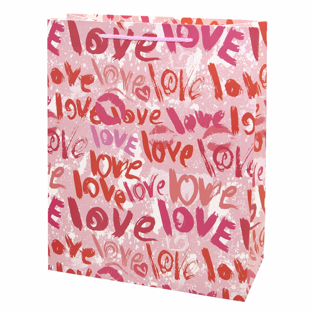 Пакет подарочный, Love (граффити), Розовый, с блестками, 32*26*12 см, 1 шт.
