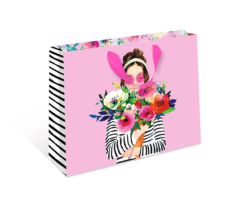 Пакет подарочный, Девушка в розовых очках с цветами, 26*32*12 см, 1 шт.