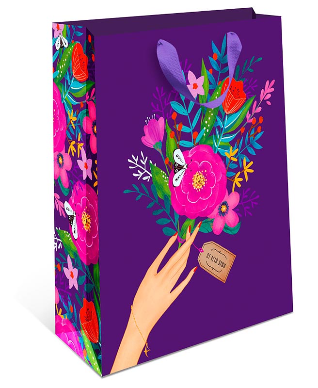 Пакет подарочный, Цветы от всей души, Фиолетовый, 32*26*12 см, 1 шт.